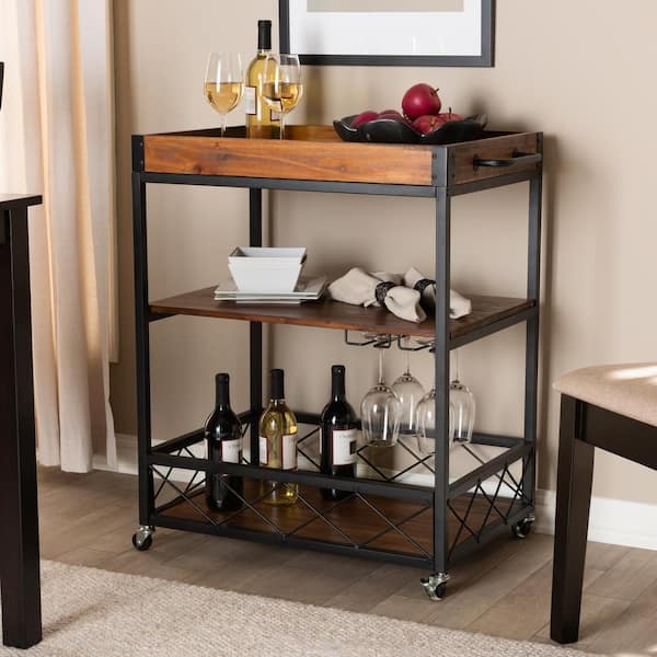 Baxton Studio Capri Golden Oak and Black Bar Cart With Rack 153