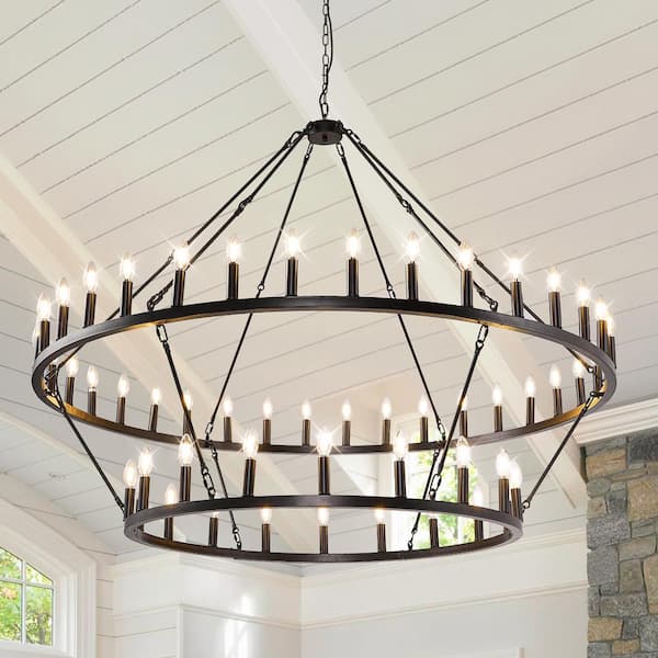 60 in. 54-Light 2-Tier Black Extra Large Farmhouse Wagon Wheel Loft Retro Round Chandelier for Living Room Foyer Bar