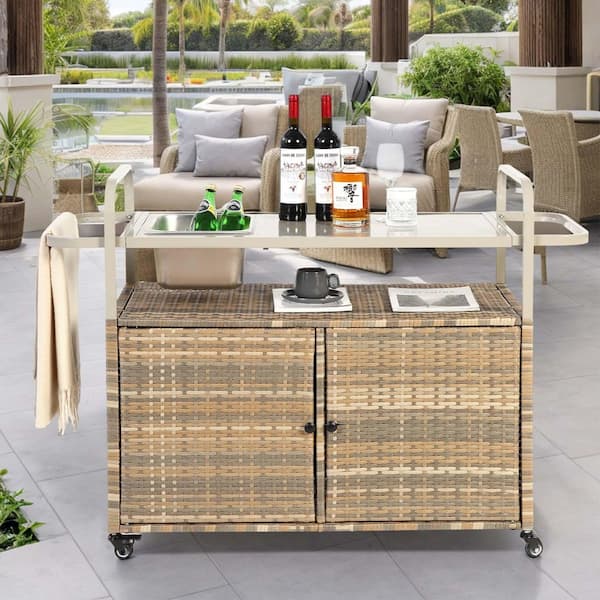 SUNRINX Beige Wicker Outdoor Serving Bars with Ice Bucket