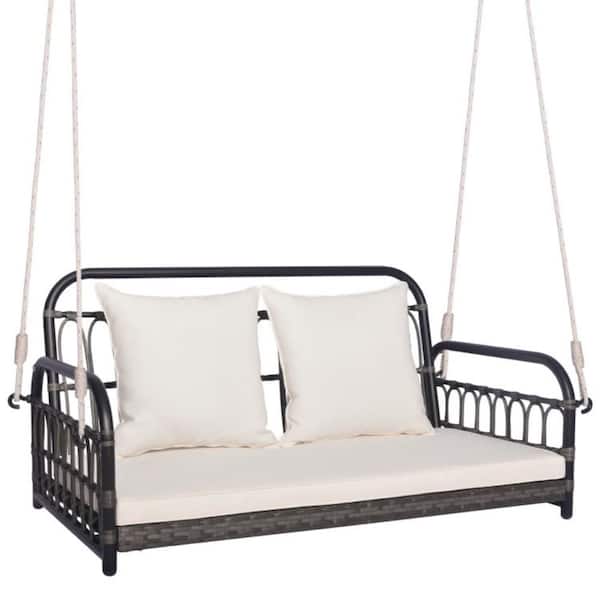 Kadehome 2-Person Black Metal Hanging Porch Swing with Ropes