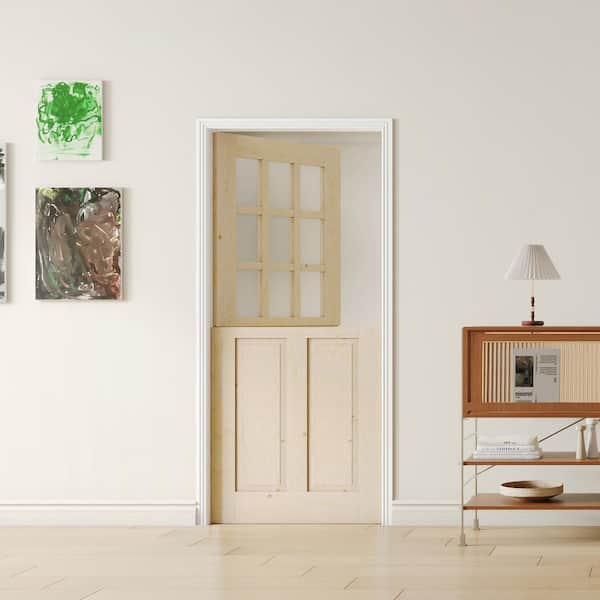 36in. x 80in. 9 Lite Frosted Glass, Finished Half Split Interior Dutch Door Slab with Natural Pine Wood Color