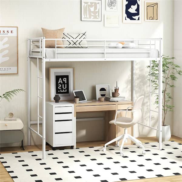 Costway White Twin Size Loft Bed Frame with Safety Guardrail