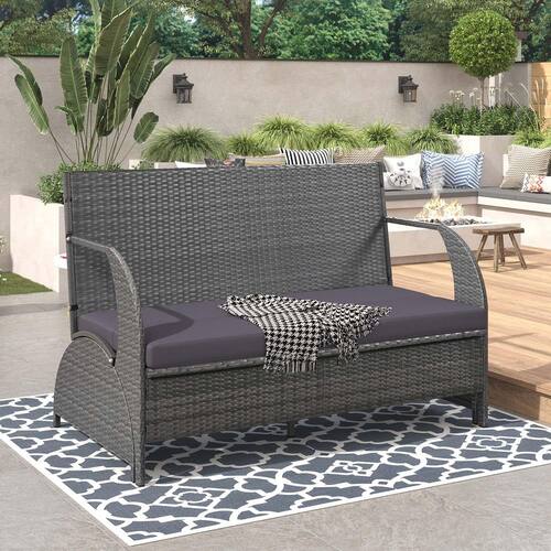Gray Metal Outdoor Loveseat with Gray Cushions, Modern Outdoor