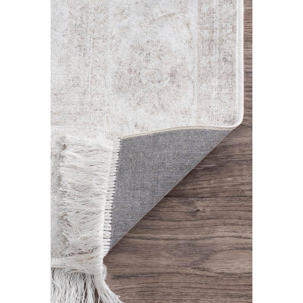 Ivory Floral Rectangular Viscose Area Rug with Fringe, 5' x 8'