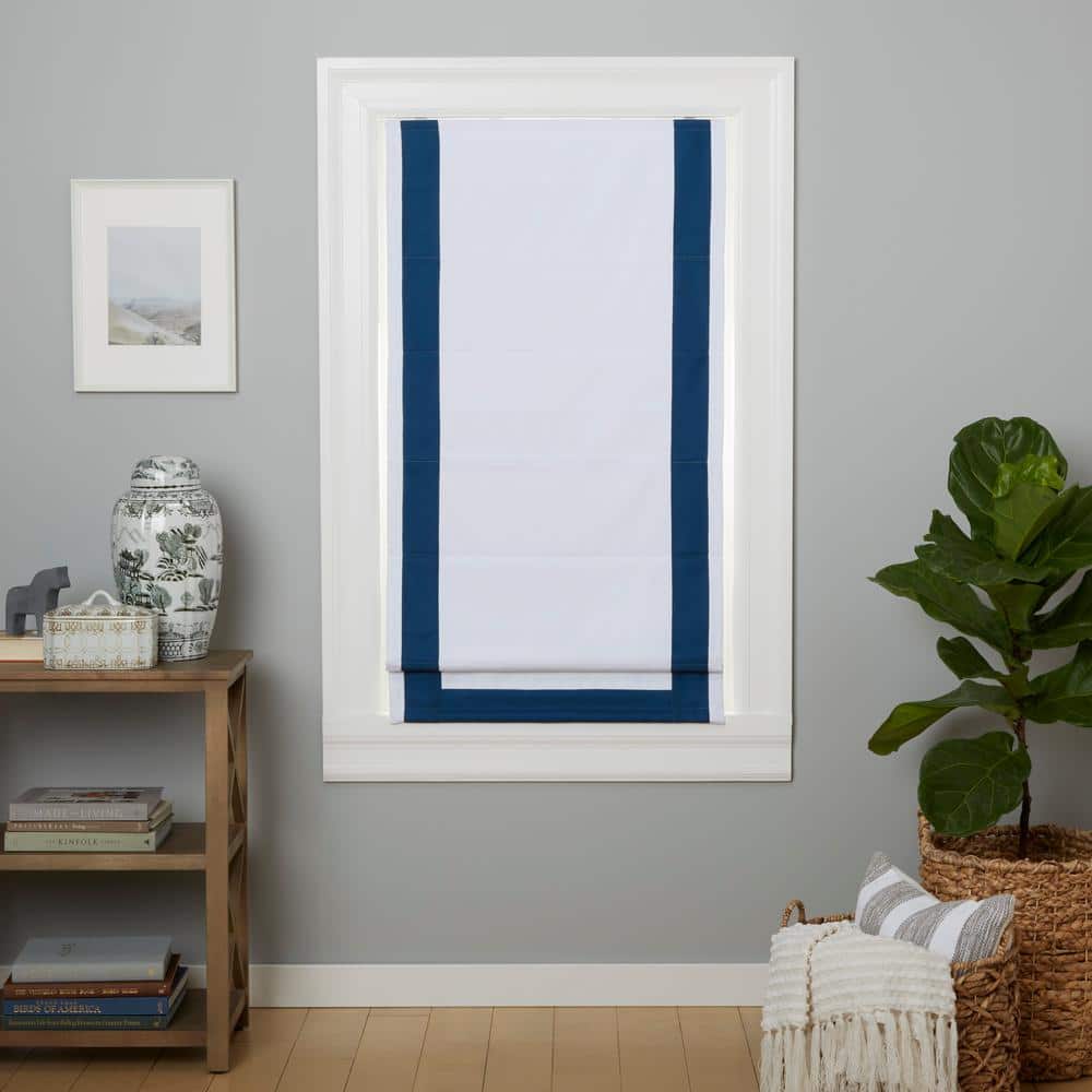 White and Denim Cordless Blackout Roman Shade