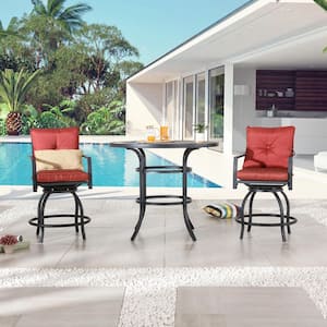 3-Piece Metal Bar Height Outdoor Bistro Set with Red Cushions