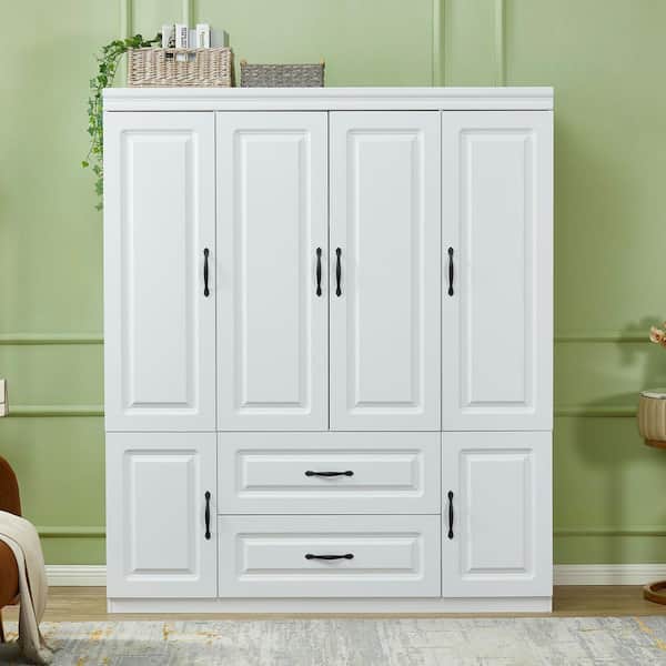White Wooden 74 in. H x 63 in. W x 20 in. D Bedroom Armoire Wardrobe Closet 4-Door Hanging Rod, Drawers, Storage Shelves