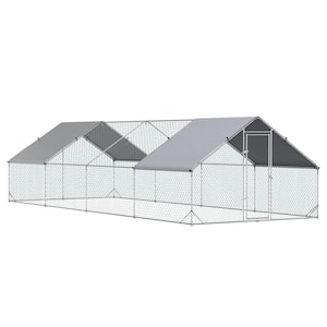 10 ft. x 26 ft. x 6.5 ft. Large Outdoor Silver Metal 0.006-Acre In-Ground Chicken Coop with Cover and Lockable Door