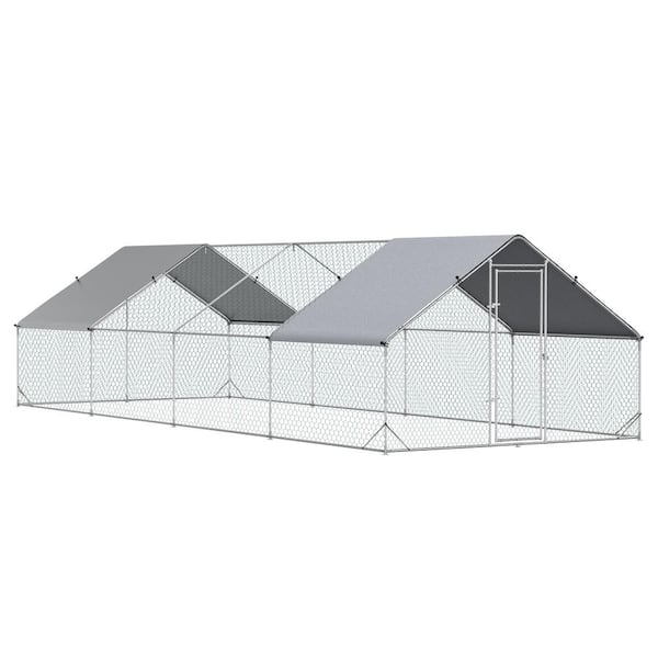 PawHut 10 ft. x 26 ft. x 6.5 ft. Large Outdoor Silver Metal 0.006-Acre In-Ground Chicken Coop with Cover and Lockable Door