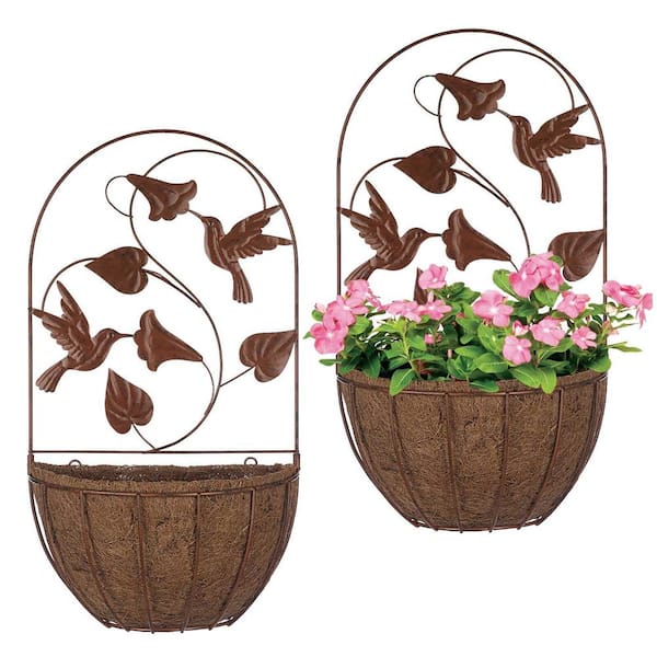 Unbranded Brown 10.8 in. x 21.2 in. Metal Decorative Basket Set of 2, Wall Hanging Planter Decor Art with Hummingbirds