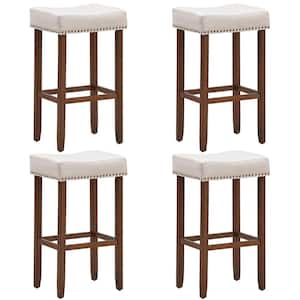 29 in. Beige Backless Nailhead Saddle Bar Stools Height with Fabric Seat and Wood Legs (Set of 4)