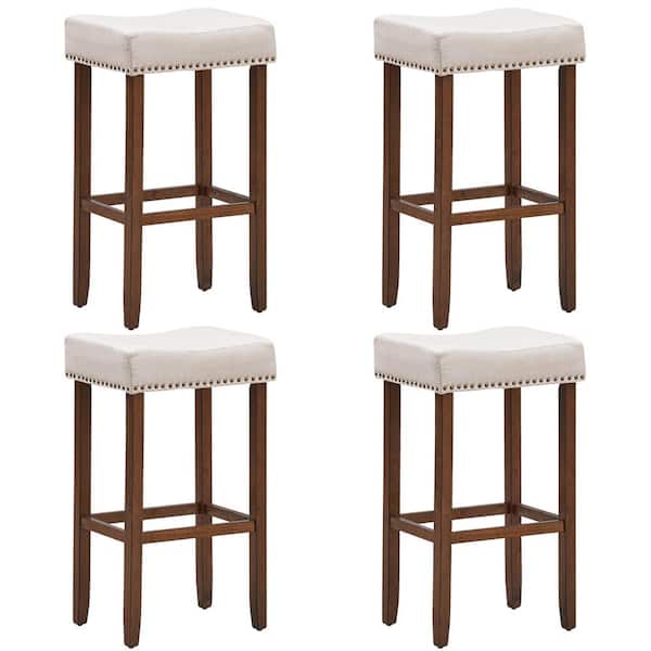 Costway 29 in. Beige Backless Nailhead Saddle Bar Stools Height with Fabric Seat and Wood Legs (Set of 4)