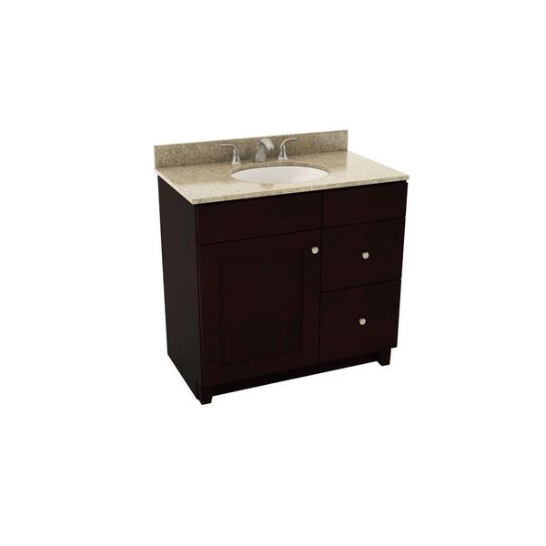 American Woodmark Reading 37 in. Vanity in Espresso with Right Drawers and Silestone Quartz Vanity Top in Quasar and Oval White Sink