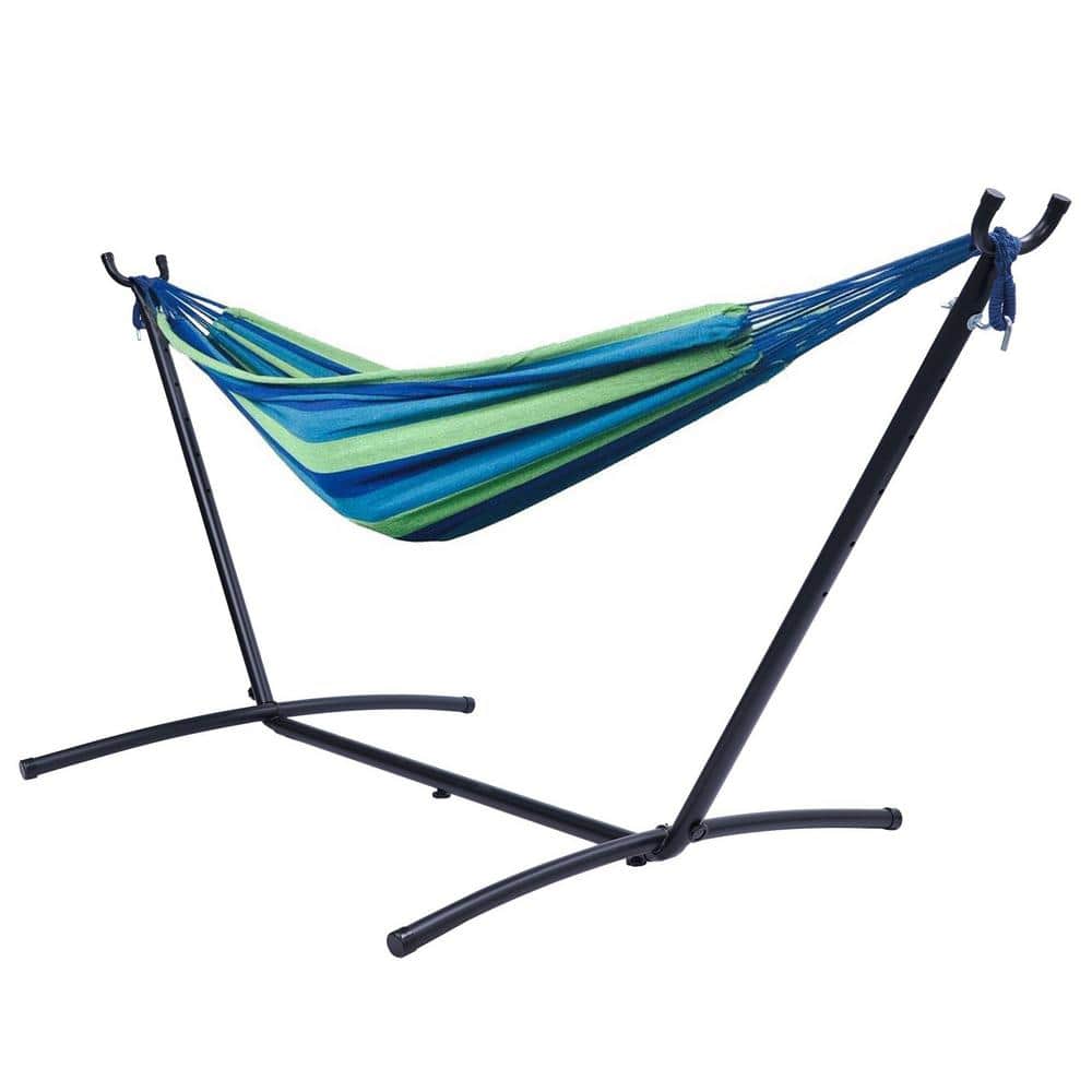 myhomore 112 in. Outdoor Cotton Hammock Bed with Stand in Blue Striped YCBU The Home Depot