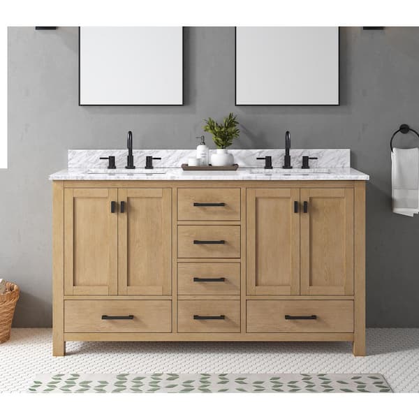 Avanity Modero 61 in. Double Sink Brushed Oak Bath Vanity with Carrara White Marble Top