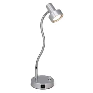 15 .75 in. Silver Metal Office/Bedside Desk Lamp with USB Charging Port(5V/2A), Flexible Gooseneck and Dimmable