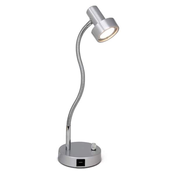 O'Bright 15 .75 in. Silver Metal Office/Bedside Desk Lamp with USB Charging Port(5V/2A), Flexible Gooseneck and Dimmable