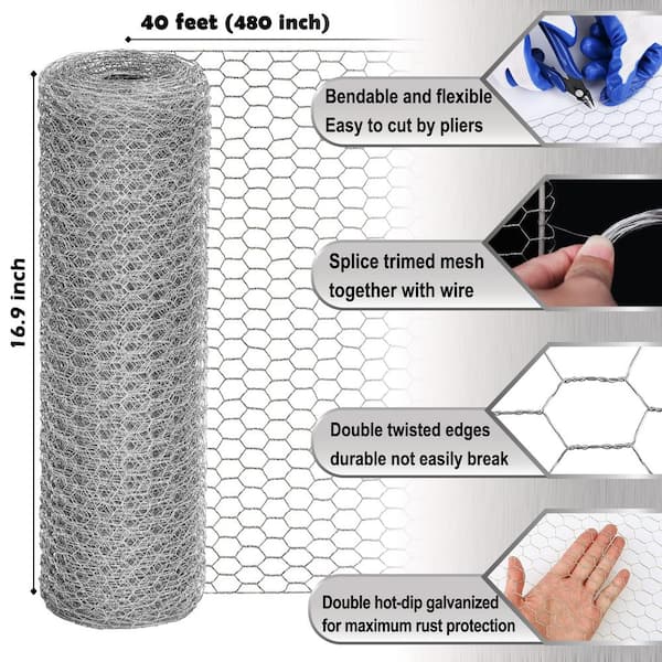 Angel Sar 16.9 in. x 40 ft. Chicken Wire Fencing Mesh, 0.6 in. Hexagonal Galvanized Hardware Cloth for Coop Barrier Rabbit Cage