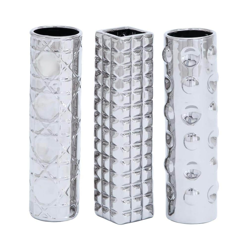 Elegant Silver Ceramic Bud Vase Trio, 3.5" x 12.1"