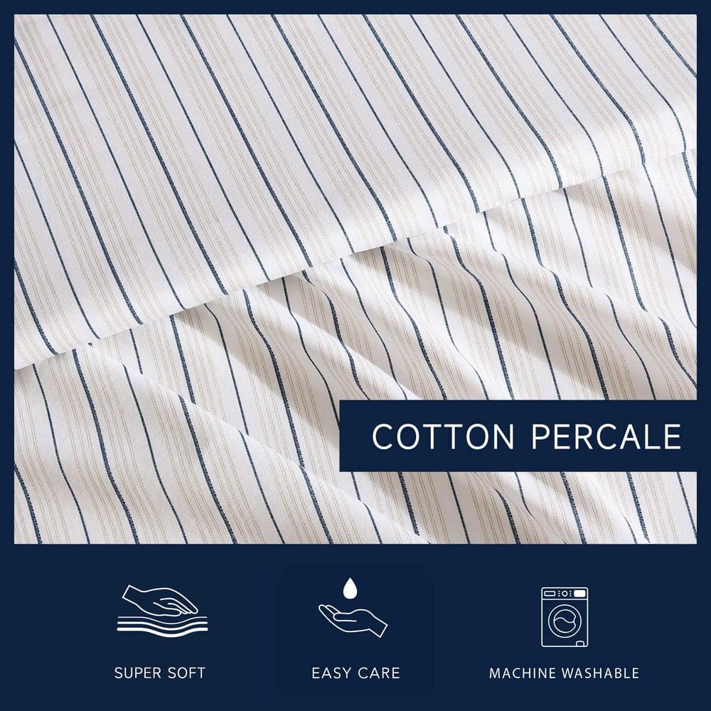Twin XL Beige and Navy Cotton Percale Stripe Sheet Set