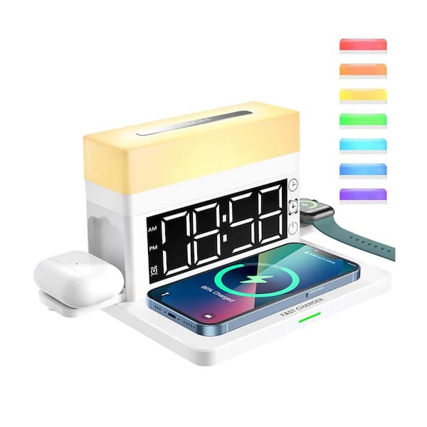 Lukyamzn 15-Watt Wireless Charging Dock Station with Digital LED Alarm Clock & Night Light for Phone Earphones & Smartwatch-White