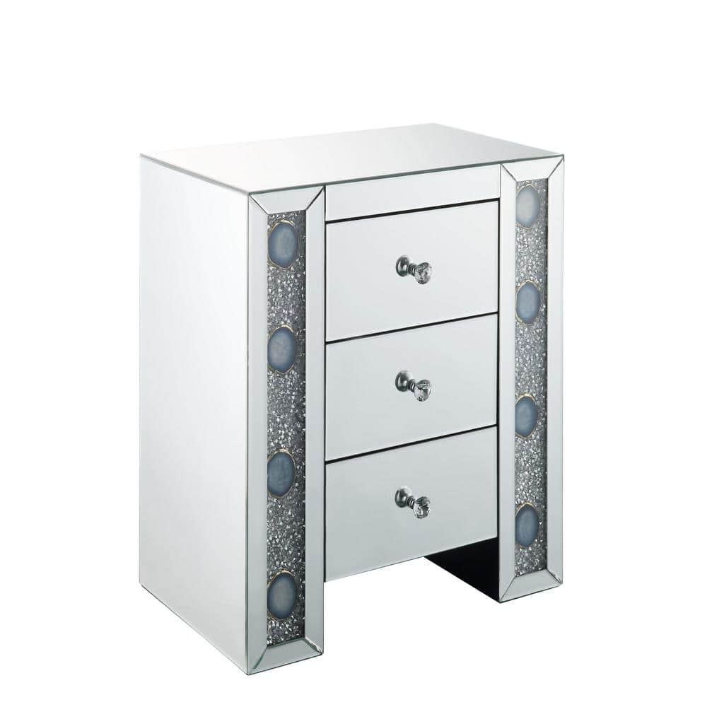 Elegant Mirrored 3-Drawer Nightstand with Faux Agate Inlay