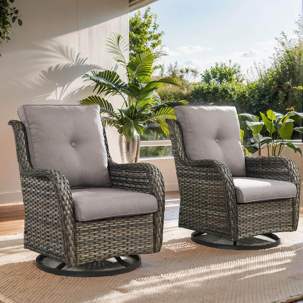 Gray Wicker Outdoor Rocking Armchair with Cushions