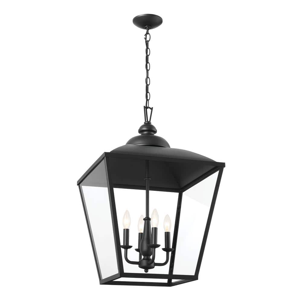 Textured Black 4-Light Lantern Pendant with Glass Panels