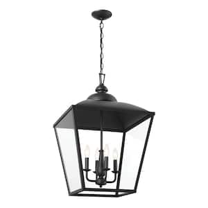 Dame 4-Light Textured Black Vintage Lantern Foyer Pendant Hanging Light with Clear Glass