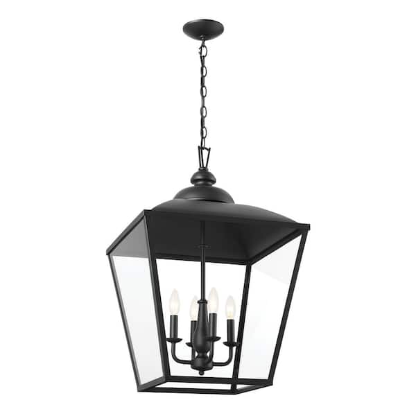 KICHLER Dame 4-Light Textured Black Vintage Lantern Foyer Pendant Hanging Light with Clear Glass