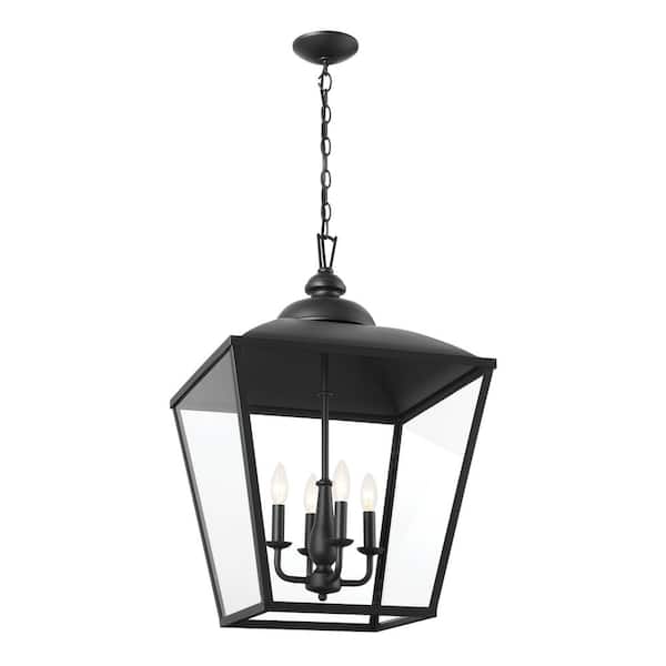 Dame 4-Light Textured Black Vintage Lantern Foyer Pendant Hanging Light with Clear Glass