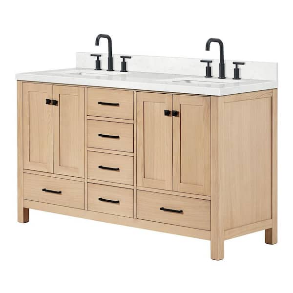 ARIEL Cambridge 60 in. Double Sink Freestanding Bathroom Vanity in Oak with Carrara White Quartz Top