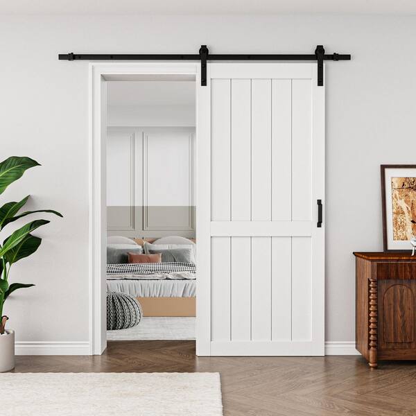 72 in. x 96 in. White Paneled H Style White Primed MDF Sliding Barn Door with Hardware Kit With Soft Close