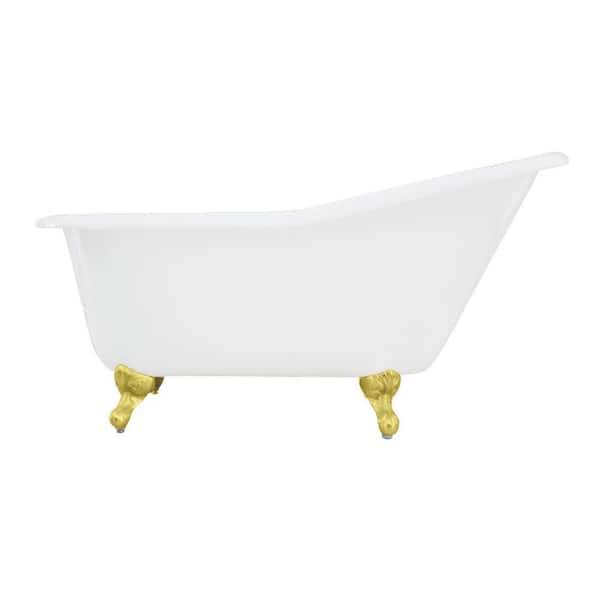Aqua Eden 60.3 in. x 30.3 in. Cast Iron Oval Clawfoot Soaking Bathtub in White/Polished Brass