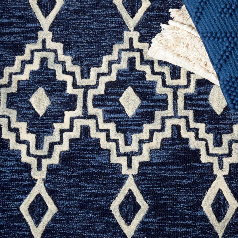 Ivory and Navy Tufted Wool Abstract Square Rug