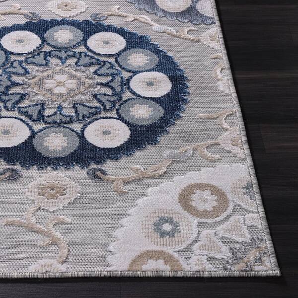 CAMILSON Blossom Indoor Outdoor Rug Floral Exotic Tropical Non-Shedding Rug Navy Blue 7'10 x 10