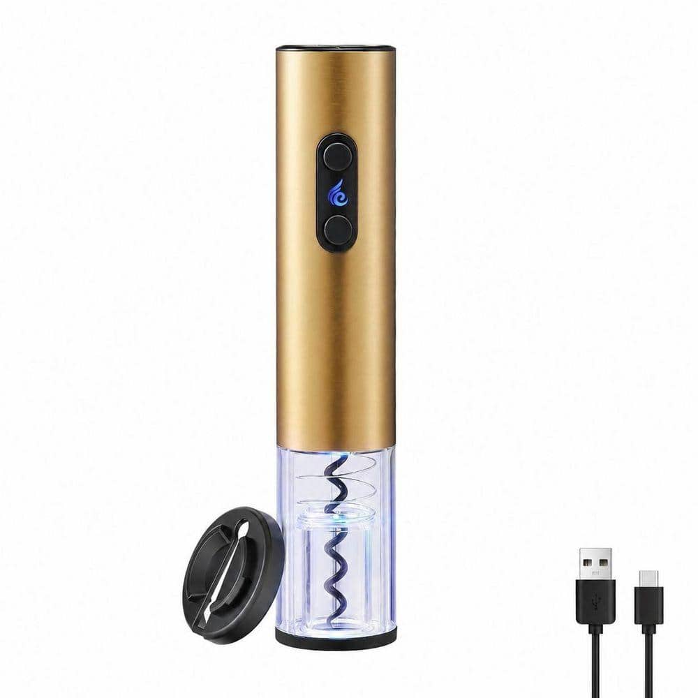 Gold Cordless Electric Wine Bottle Opener with Foil Cutter, LED Light and Stainless Steel Finish