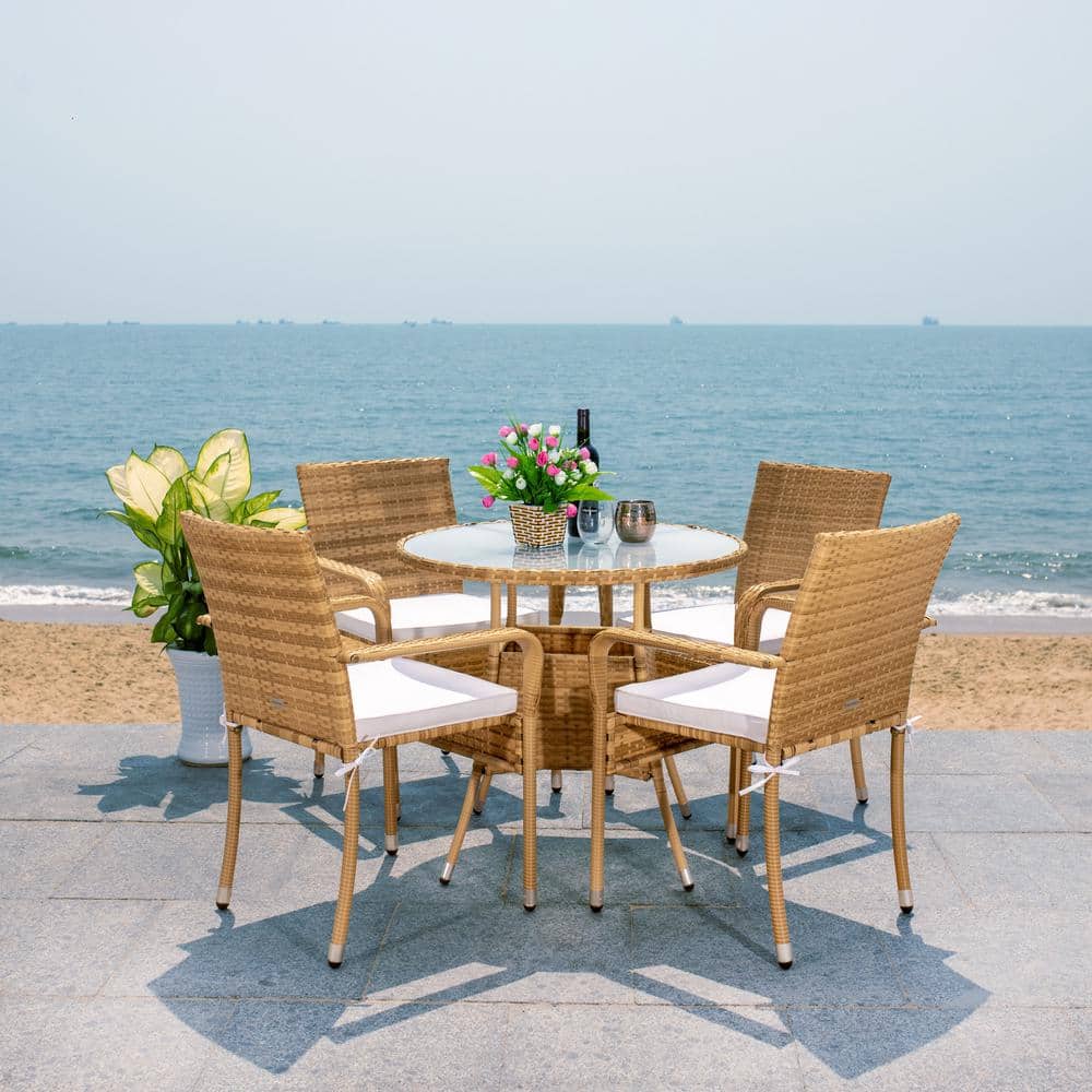 Natural Wicker 5 Piece Bistro Dining Set with Cushions