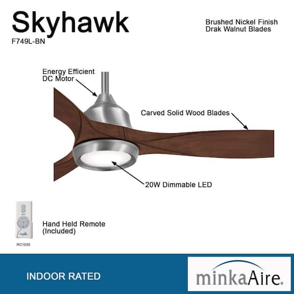 Minka Aire Skyhawk 60 In Integrated Led Indoor Brushed Nickel Ceiling Fan With Light Kit And Remote Control F749l Bn - Minka Aire Wall Control Instructions
