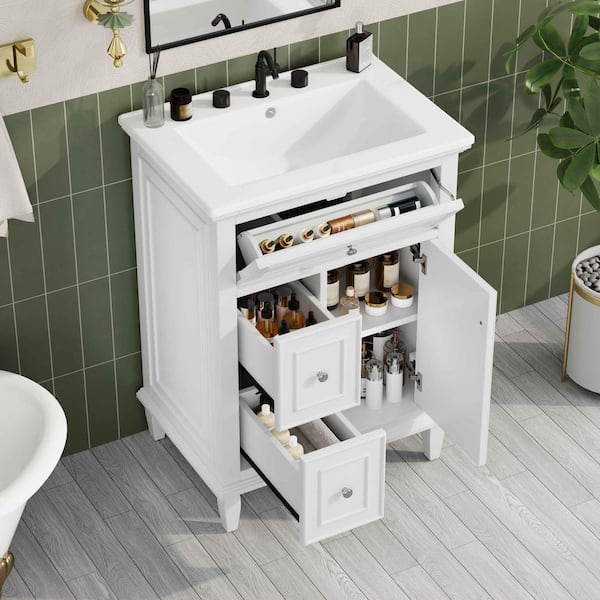 24 in. Freestanding White Bath Vanity with White Ceramic Top, 1-Flip Drawer, 2-Drawers and Adjustable Shelf