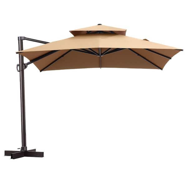 Pellebant Double top 10 ft. x 10 ft. Outdoor Rectangular Heavy-Duty 360-Degree Rotation Cantilever Patio Umbrella in Tan