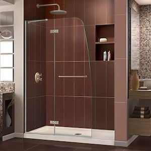 Aqua Ultra 48 in. x 74.75 in. Semi-Frameless Hinged Shower Door in Brushed Nickel with Center Drain Base in Biscuit