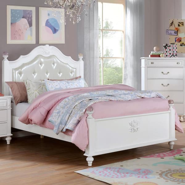 Furniture of America Fritza White Wood Full Youth Bed With Nailhead Trim Padded Headboard