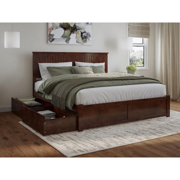 AFI Nantucket Walnut Brown Solid Wood Frame King Platform Bed with Footboard and Storage Drawers