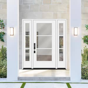 Legacy 68 in. x 80 in. Icon 3 Lite Modern Clear Glass RHIS Primed Fiberglass Prehung Front Door w/ Dbl 14 in. SL