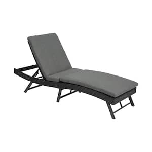 Black Wicker Outdoor Steel Frame Chaise Lounge with Gray Cushion