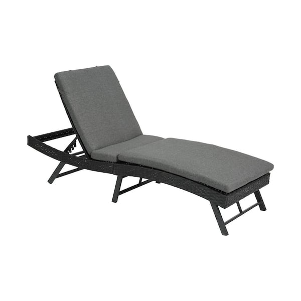 HOMEFUN Black Wicker Outdoor Steel Frame Chaise Lounge with Gray Cushion