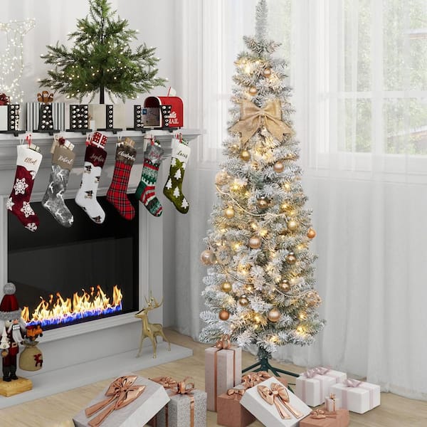 5 ft. Pre-Lighted LED Flocked Slim Artificial Christmas Tree with 140 White Lights