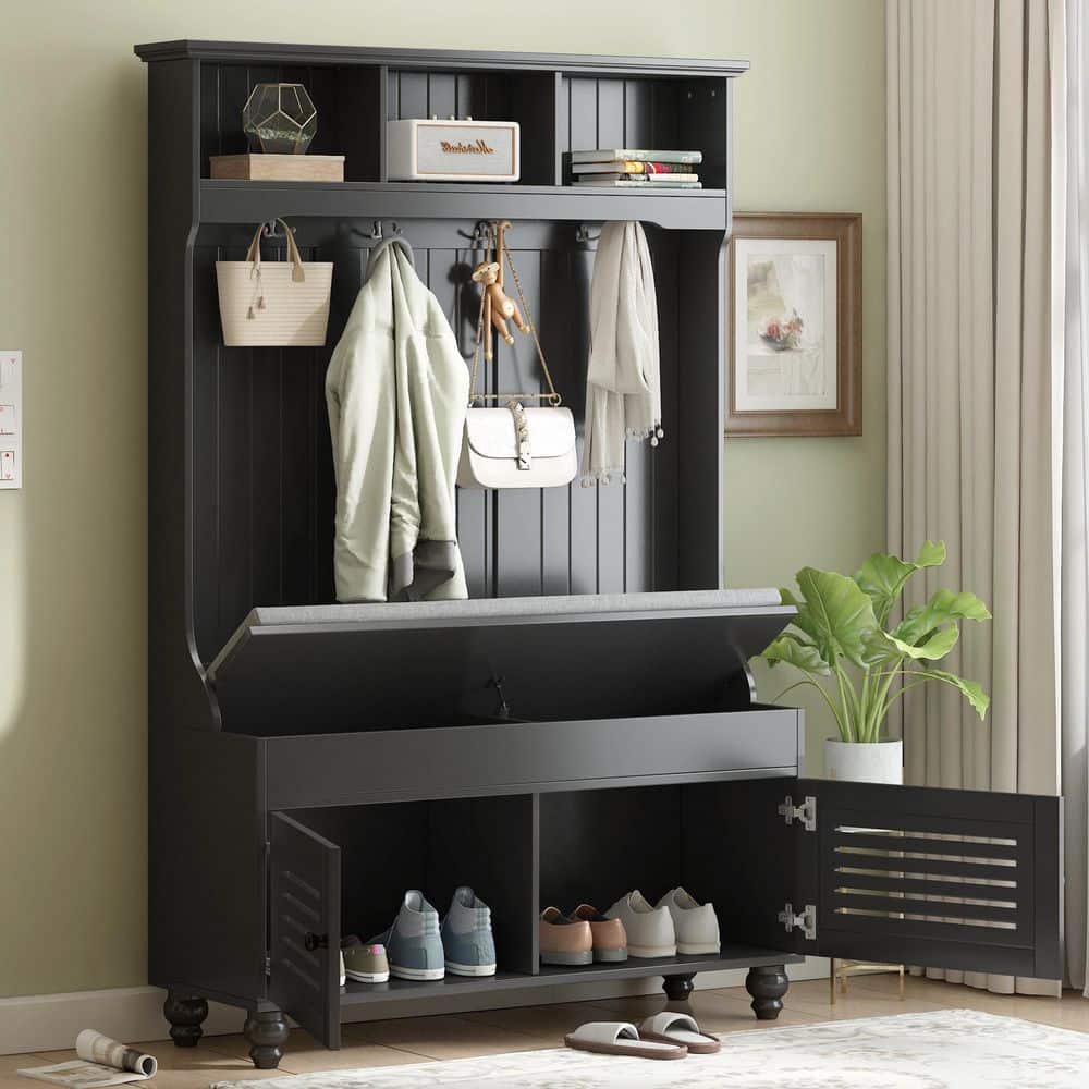 47.2 in. W x 17.8 in. D x 69.1 in. H Black Wood Hall Tree with Coat Rack, 4