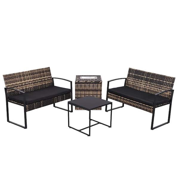 Outdoor 4-Piece Brown Wicker Patio Furniture Set with Removable Ice Bucket and Black Cushions, Loveseat, Table